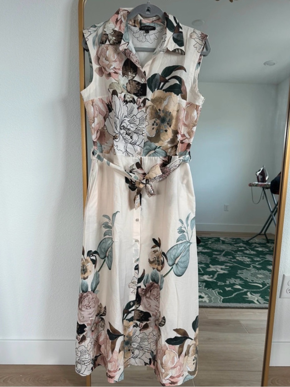Sleeveless Floral Button-Front Midi Dress in Cream by Unknown Brand
